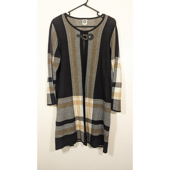 Anne Klein Large Buckle Front Tunic Cardigan Open Sweater Plaid Black Beige - Picture 1 of 6